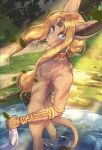  absurd_res alternate_species anthro big_ears blonde_hair blue_eyes eyelashes furrification hair hi_res jewelry link looking_at_viewer male mishabahl necklace nintendo nude outside partially_submerged pinup pose solo standing_in_water tail tail_tuft the_legend_of_zelda tuft zonai zonai_link 