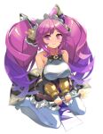  1girl bare_shoulders breasts cleo_(dragalia_lost) closed_mouth detached_sleeves dragalia_lost full_body gradient_hair hair_ornament holding holding_staff large_breasts long_hair looking_at_viewer multicolored_hair pink_eyes pink_hair purple_hair seiza sitting smile solo staff thighhighs twintails two-tone_hair very_long_hair white_background white_thighhighs yuu_(kfc) 