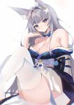  1girl ahoge animal_ear_fluff animal_ears azur_lane bare_shoulders blue_eyes blunt_bangs blurry breasts cleavage collarbone commentary_request crossed_legs detached_collar dot_nose feet_out_of_frame fox_ears fox_tail grey_hair hair_ornament highres komuer large_breasts long_hair looking_at_viewer off_shoulder shinano_(azur_lane) simple_background sitting smile solo split_mouth tail thighhighs thighs white_background white_thighhighs 