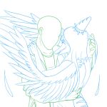  1:1 5_fingers anon_(snoot_game) anthro bald clothed clothing duo embrace eyes_closed faceless_character faceless_human faceless_male fang_(gvh) feathered_wings feathers female fingers goodbye_volcano_high hi_res human human_on_anthro interspecies line_art male male/female mammal protonmono pterodactylus pterosaur reptile scalie simple_background smile snoot_game snout tail wings 