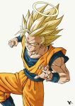  1boy blonde_hair blue_shirt clenched_hand dragon_ball dragon_ball_z green_eyes halo highres jumpsuit kakeru_(dbskakeru) looking_at_viewer orange_jumpsuit shirt simple_background sleeveless solo son_goku spiked_hair super_saiyan super_saiyan_2 toriyama_akira_(style) white_background 