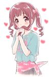  1girl amezawa_koma blue_shirt blush bow brown_eyes brown_hair hair_bow heart holding holding_hair idolmaster idolmaster_cinderella_girls jewelry looking_at_viewer medium_hair necklace ogata_chieri open_mouth shirt simple_background sketch solo t-shirt twintails upper_body white_background 