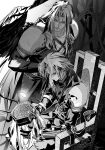 1boy armor belt brain chair chest_strap final_fantasy final_fantasy_vii final_fantasy_vii_ever_crisis final_fantasy_vii_remake greyscale highres holding_another&#039;s_head jenova long_bangs looking_at_another monochrome parted_bangs sephiroth shoulder_armor single_wing sitting standing strap wings yan_river 