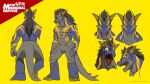  16:9 abs blue_body blue_eyes blue_skin borderlanders dragon featureless_crotch grey_body grey_skin hi_res horn male mane markings model_sheet nude pecs simple_background solo teeth the_marginal_service tongue widescreen yellow_background 
