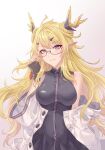  1girl absurdres arknights bare_shoulders bespectacled black_dress blonde_hair blue_eyes commentary dress glasses gradient_background grey_background highres horns innoarukugyou jacket leizi_(arknights) long_hair looking_at_viewer off_shoulder pointy_ears sleeveless sleeveless_dress smile solo upper_body very_long_hair white_background white_jacket 