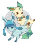  :&lt; animal_focus border closed_mouth commentary_request glaceon grey_background leafeon looking_at_viewer no_humans pokemon pokemon_(creature) smile split_mouth teru_(245_neko) white_border 