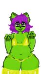  andromorph anthro bat bean breasts claws clothed clothing cute_expression digital_media_(artwork) felid feline female fur gold_bikini green_body hair hi_res humanoid intersex mammal nipples nyomnyom original_content purple_hair simple_background slightly_chubby solo thick_thighs tongue tongue_out 