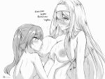  2girls artist_name back blush breast_sucking breastfeeding breasts character_name completely_nude duel_monster exosister_irene exosister_sophia grabbing grabbing_another&#039;s_breast hair_ornament hair_scrunchie hairband highres lactation large_breasts long_hair monochrome multiple_girls nipples nude satya scrunchie simple_background sweat twintails upper_body very_long_hair white_background yu-gi-oh! yuri 