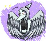  2023 amber_eyes anthro blush clothing crop_top digital_drawing_(artwork) digital_media_(artwork) dinosaur eyelashes eyeliner fang_(gvh) feathered_wings feathers female goodbye_volcano_high grey_body grey_scales hair halter_top long_hair long_snout makeup midriff pterodactylus pterosaur reptile rsbr scales scalie shirt silver_hair simple_background smile snoot_game_(fan_game) snout solo topwear wings 