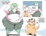  anthro belly big_belly big_breasts breasts clothing duo featureless_breasts female fur gardevoir generation_3_pokemon generation_9_pokemon green_hair hair hat headgear headwear hi_res huge_breasts huge_thighs humanoid larger_female navel nintendo obese obese_female one_eye_obstructed orange_body orange_fur overweight overweight_female pawmot pokemon pokemon_(species) size_difference smaller_female smile speech_bubble text thick_thighs veryfilthything white_body wide_hips 