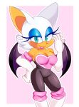  2018 bat black_bodysuit black_wings blue_eyeshadow bodysuit clothing digital_media_(artwork) eyelashes eyeshadow female gloves hand_on_hip handwear lips lipstick makeup mammal mobian_bat pink_background pink_lips pink_lipstick raised_hand ribbzey rouge_the_bat sega shaded simple_background skinsuit solo sonic_the_hedgehog_(series) tan_body teal_eyes tight_clothing white_body white_clothing white_ears white_gloves white_handwear white_head wings 