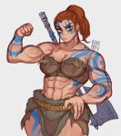 1girl abs axe barbarian biceps blue_eyes bodypaint crop_top earrings facepaint frown hand_on_own_hip hdhx highres jewelry loincloth looking_at_viewer muscular muscular_female original ponytail red_hair signature solo weapon weapon_on_back white_background 