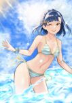  1girl absurdres bikini blue_hair blue_sky braid cloud cowboy_shot crown_braid highres idolmaster idolmaster_million_live! nanao_yuriko one_eye_closed open_mouth short_hair sky smile solo striped striped_bikini swimsuit teeth upper_teeth_only wading water yellow_eyes yuko_ka_eru 