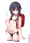  1girl akatsuki_(kancolle) bad_source bag bare_shoulders bikini black_thighhighs blush breasts collarbone cropped_legs ebifurya hair_between_eyes hand_on_own_hip highres kantai_collection long_hair looking_at_viewer navel one-hour_drawing_challenge pubic_tattoo purple_eyes purple_hair school_bag side-tie_bikini_bottom simple_background small_breasts solo stomach swimsuit tattoo thighhighs thighs twitter_username white_background 