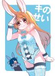  anthro blood blue_body blue_clothing blue_hair bodily_fluids bow_tie breasts bunny_costume canid canine canis clothing costume dangan domestic_dog duo female fluffy gesture hair lagomorph legwear leporid male mammal neck_tuft nosebleed orange_eyes orange_hair pattern_clothing pink_body rabbit salute small_breasts stockings striped_clothing stripes thigh_highs tuft 
