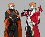  2boys armor axe belt black_armor black_belt black_pants cape closed_mouth coat collared_shirt crossed_arms employee_(lobotomy_corporation) frilled_sleeves frills grey_background holding holding_axe lobotomy_corporation looking_at_another looking_to_the_side multiple_boys multiple_persona nishikujic orange_cape orange_hair pants project_moon red_coat red_eyes shirt simple_background smile thigh_pouch thigh_strap vambraces vest white_shirt white_vest 