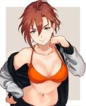  1girl bikini breasts brown_background brown_hair cleavage collarbone green_eyes grey_jacket hand_on_own_hip hashiko_(neleven) idolmaster idolmaster_cinderella_girls idolmaster_cinderella_girls_starlight_stage jacket kiba_manami large_breasts looking_at_viewer navel off_shoulder orange_bikini short_hair simple_background solo swimsuit twitter_username 