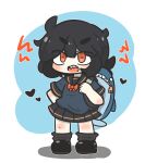 1girl animal_bag backpack bag black_footwear black_hair black_sailor_collar black_skirt blue_background blue_shirt bow chibi commentary_request full_body grey_socks hair_between_eyes heart highres looking_at_viewer loose_socks open_mouth orange_eyes original pleated_skirt red_bow sailor_collar shadow sharp_teeth shirt shoes short_sleeves skirt socks solo standing teeth thick_eyebrows two-tone_background uni_souchou v-shaped_eyebrows white_background 