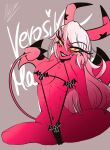  albablue7771 blush breasts clothed clothing demon demon_humanoid female hair helluva_boss hi_res horn humanoid open_mouth open_smile partially_clothed pink_body pink_eyes smile solo succubus tail teeth thick_thighs verosika_mayday_(helluva_boss) white_hair wings 