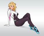  1girl artist_name blonde_hair blue_eyes bodysuit breasts eyebrow_piercing gradient_background grey_background gwen_stacy highres looking_at_viewer marvel medium_breasts medium_hair olena_minko patreon_username piercing sitting solo spider-gwen spider-man_(series) web_address 