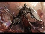  1boy armor bloody_wolf_(elden_ring) dante09 elden_ring full_armor helm helmet highres holding holding_shield holding_sword holding_weapon long_hair pauldrons shield shoulder_armor solo sword tarnished_(elden_ring) weapon 