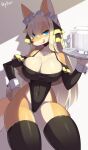  anthro big_breasts blonde_hair blue_eyes breasts canid canine clothed clothing faeki faeki_(character) female female_anthro fox fur hair legwear looking_at_viewer mammal seductive simple_background smile solo 