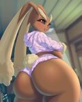 2023 4:5 absurd_res anthro artist_name big_breasts big_butt big_ears blurred_background breasts buckteeth butt cheek_tuft clothing eyebrows eyelashes facial_tuft female furgonomics generation_4_pokemon hi_res huge_butt lian_(artist) looking_at_viewer looking_back lopunny nintendo open_mouth open_smile panties pink_nose pokemon pokemon_(species) red_eyes shirt side_boob smile solo teeth thick_thighs topwear tuft underwear wide_hips 