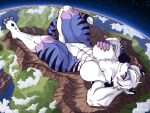  2023 4:3 4_toes 5_fingers absurd_res anthro big_muscles blue_body blue_fur breast_grab breasts cloud featureless_breasts feet felid female fingers fur hair hand_on_breast hi_res huge_muscles laying_on_planet looking_at_viewer lying macro mammal muscular muscular_anthro muscular_female pantherine pederont planet purple_body purple_fur solo striped_body striped_fur stripes tail taimu_(curioustorvald) terra_macro tiger toes white_body white_fur white_hair 