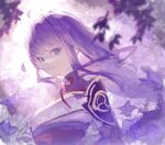  1girl braid flower genshin_impact highres japanese_clothes kimono long_hair looking_at_viewer multicolored_background purple_background purple_eyes purple_flower purple_hair purple_kimono purple_theme raiden_shogun smile solo teeth white_background yukumo_o 