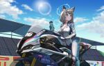  1girl alternate_costume animal_ear_fluff animal_ears biker_clothes bikesuit blue_archive blue_eyes blush bodysuit bottle brand_name_imitation breasts cleavage commentary english_commentary extra_ears from_side gloves grey_hair halo highres holding holding_bottle kondjol_san large_breasts looking_to_the_side medium_hair motor_vehicle motorcycle on_motorcycle pirelli shiroko_(blue_archive) solo wolf_ears 