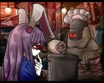  1girl animal_ears chef_hat colored_skin commentary cooking cooking_pot crossover fallout_(series) fallout_4 finger_to_mouth green_outline hair_between_eyes hat highres letterboxed light_bulb long_bangs long_hair outline rabbit_ears rabbit_girl red_eyes reisen_udongein_inaba robot squiggle suenari_(peace) takahashi_(fallout_4) touhou upper_body vault_suit white_skin 
