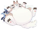  ambiguous_gender anthro belly big_belly blue_body blue_fur bodily_fluids brown_body brown_fur feral fur generation_4_pokemon generation_7_pokemon hi_res immobile lucario lycanroc morbidly_obese nintendo obese overweight pokemon pokemon_(species) pushing size_difference sweat taka_fin9623 white_body 
