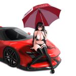  1girl absurdres azur_lane bikini black_bikini black_choker black_footwear black_hair black_thighhighs breasts car choker eyewear_on_head full_body high_heels highleg highleg_bikini highres huge_breasts long_hair looking_at_viewer motor_vehicle multi-strapped_bikini_bottom navel official_alternate_costume race_queen red_eyes shiromashiro197 simple_background sitting_on_car solo sports_car swimsuit taihou_(azur_lane) taihou_(enraptured_companion)_(azur_lane) thighhighs very_long_hair white_background 