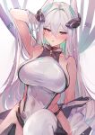  1girl armpits azur_lane bare_shoulders blush breasts commentary_request covered_navel hair_between_eyes hand_in_own_hair kearsarge_(azur_lane) large_breasts leotard long_hair looking_at_viewer parted_lips purple_eyes purple_hair sea_nami signature solo thighhighs white_leotard white_thighhighs 