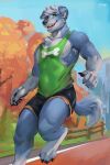  anthro blue_body blue_fur border_collie bottomwear canid canine canis chest_tuft claws clothed clothing collie domestic_dog fully_clothed fur green_eyes gym_bottomwear gym_clothing gym_shorts herding_dog hi_res jogging juiceps looking_at_viewer male mammal muscular muscular_anthro muscular_male outside park pastoral_dog pecs plant sheepdog shirt shorts smile solo tank_top topwear tree tuft 