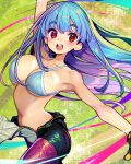  1girl arm_up armpits blue_bra blue_hair blunt_bangs blush bodysuit bra breasts collarbone cropped_jacket gloves kula_diamond large_breasts long_hair looking_at_viewer navel onono_imoko open_bodysuit open_clothes open_mouth outstretched_arms red_eyes smile snk solo spread_arms the_king_of_fighters underwear yellow_gloves zipper 