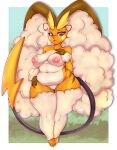  2023 anthro areola artist_name breasts cheezayballz digital_media_(artwork) female fingers generation_1_pokemon generation_4_pokemon genitals hi_res hybrid looking_at_viewer lopunny nintendo nipples pokemon pokemon_(species) pussy raichu solo text 