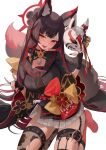  1girl animal_ear_fluff animal_ears black_gloves black_hair black_kimono black_nails blue_archive blush colored_inner_hair fingerless_gloves floral_print fox_ears fox_mask fox_shadow_puppet fox_tail furrowed_brow gloves head_tilt highres holding holding_mask japanese_clothes kimono long_hair looking_at_viewer mask miniskirt multicolored_hair obi open_mouth print_kimono red_hair sash skirt solo tail thigh_strap thighhighs torn_clothes torn_thighhighs very_long_hair wakamo_(blue_archive) white_background white_skirt yellow_eyes zerocat 