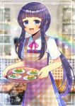  1girl :d apron black_hair blue_dress blue_eyes blurry blurry_background brown_apron collared_shirt commentary_request commission depth_of_field dress dress_shirt fried_egg holding holding_tray kou_hiyoyo long_hair low_ponytail neck_ribbon original plaid plaid_apron plate pleated_dress ponytail red_ribbon ribbon shirt short_sleeves sidelocks skeb_commission sleeveless sleeveless_dress smile solo tray very_long_hair white_shirt 