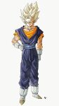  1boy blonde_hair blue_jumpsuit dragon_ball earrings gloves green_eyes hand_on_own_hip highres jewelry jumpsuit kakeru_(dbskakeru) looking_to_the_side muscular muscular_male shoes simple_background sleeveless solo spiked_hair super_saiyan toriyama_akira_(style) vegetto white_background white_gloves 