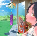  1girl absurdres bare_shoulders black_hair blue_sky blurry blush bottle bush check_commentary close-up cloud cloudy_sky commentary commentary_request crocs cup day depth_of_field drinking_glass fish food fruit goldfish grass hand_fan highres holding holding_fan hot koi looking_at_viewer looking_to_the_side mountain mountainous_horizon original outdoors parted_bangs parted_lips porch renfa666 see-through shade shirt_tug sky sleeveless sliding_doors soda soda_bottle summer summer_uniform sweat sweaty_clothes unworn_footwear upper_body very_sweaty water_bottle watermelon watermelon_slice wet wet_hair wind_chime yellow_eyes 