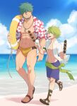  2boys ^_^ aark0 abs age_difference bara bare_pectorals beach beard black_male_swimwear bulge closed_eyes facial_hair full_body green_hair hair_over_eyes happy hawaiian_shirt height_difference highres holding holding_innertube holding_skewer innertube large_pectorals long_sideburns male_focus male_swimwear multicolored_male_swimwear multiple_boys muscular muscular_male navel nipples original pectorals sand sandals shirt short_hair shorts sideburns skewer smile stomach swim_briefs thighs v-taper walking yellow_male_swimwear 