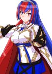  1girl absurdres alear_(female)_(fire_emblem) alear_(fire_emblem) blue_eyes blue_hair closed_mouth fire_emblem fire_emblem_engage hair_between_eyes heterochromia highres light_smile long_hair long_sleeves multicolored_hair red_eyes red_hair ribbon skirt solo split-color_hair tiara to_(tototo_tk) two-tone_hair very_long_hair white_background 