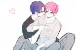  2boys blue_hair blush closed_mouth commentary_request dark_blue_hair glasses green-tinted_eyewear green_eyes hand_on_another&#039;s_shoulder headgear heart kuboyasu_aren long_sleeves looking_at_another male_focus multiple_boys pink_hair saiki_kusuo saiki_kusuo_no_psi_nan short_hair short_sleeves simple_background sitting sleeves_past_elbows tinted_eyewear unkopantu white_background yaoi 