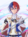  1boy alear_(fire_emblem) alear_(male)_(fire_emblem) belt black_gloves blue_eyes blue_hair buckle cape closed_mouth crossed_bangs fire_emblem fire_emblem_engage gloves hair_between_eyes highres holding holding_sword holding_weapon long_sleeves looking_at_viewer multicolored_hair red_eyes red_hair short_hair solo split-color_hair sword two-tone_hair user_njvu2422 weapon white_background 