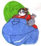  2006 anthro bear blue_eyes brown_hair clothed clothing danellz giant_panda gillpanda_(character) hair huge_belly male mammal obese obese_anthro obese_male open_mouth overalls overweight overweight_anthro overweight_male shirt solo topwear traditional_media_(artwork) young 
