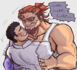  2boys bags_under_eyes bara blush boogeyman_(housamo) brown_hair colored_skin crazy_eyes crazy_smile english_text envysoda eye_contact facial_hair from_side goatee highres large_pectorals leaning_on_person long_sideburns looking_at_another male_focus mature_male multicolored_hair multiple_boys muscular muscular_male pectorals protagonist_3_(housamo) purple_skin scar scar_on_face short_hair sideburns sideburns_stubble sidepec tank_top teeth thick_eyebrows tokyo_afterschool_summoners two-tone_hair upper_teeth_only white_tank_top yaoi 