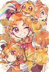  1boy androgynous brown_hair brown_shorts character_name cure_wing doradorakingyo earrings eyelashes food grin hat highres hirogaru_sky!_precure jewelry magical_boy male_focus mini_hat multiple_views neckerchief one_eye_closed orange_hair precure puffy_sleeves rainbow red_eyes shirt shorts smile sparkle taiyaki wagashi yellow_shirt yuunagi_tsubasa yuunagi_tsubasa_(bird) 