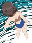 1girl akiyama_yukari ass blue_one-piece_swimsuit brown_hair dated from_behind full_body girls_und_panzer hand_on_own_hip highres in_water naotosi one-piece_swimsuit shiny_skin short_hair shoulder_blades signature solo swimsuit 