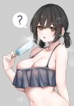  1girl ? @_@ absurdres alternate_hairstyle bikini bikini_top_only black_hair breasts chinese_commentary food frilled_bikini_top haguro_(kancolle) hair_ornament highres jiangyou_dang kantai_collection large_breasts midriff navel popsicle simple_background solo swimsuit twintails yellow_eyes 